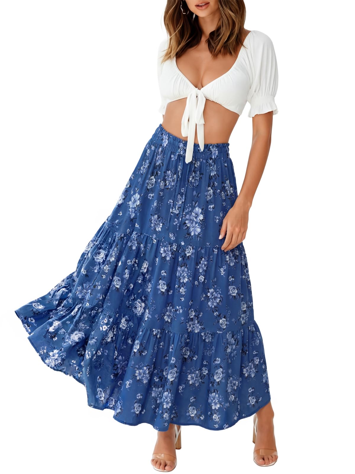 ZESICA Women's Bohemian Floral Printed Elastic Waist A Line Maxi Skirt