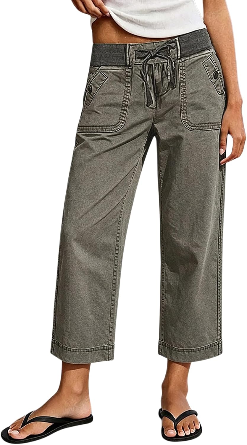 Flamingals Mid Waist Straight Leg Crop Solid Drawstring Pants for Women