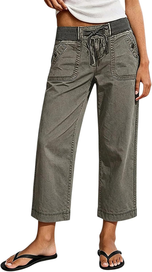 Flamingals Mid Waist Straight Leg Crop Solid Drawstring Pants for Women