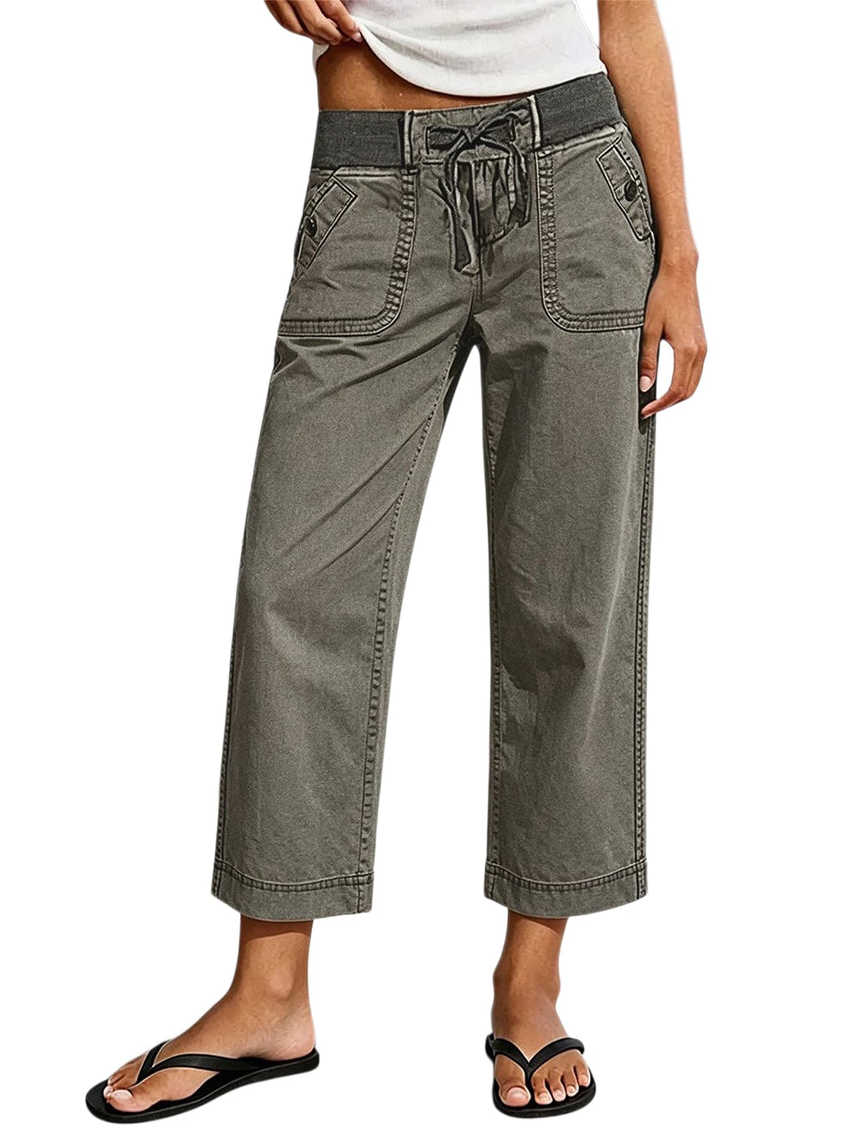 Flamingals Mid Waist Straight Leg Crop Solid Drawstring Pants for Women