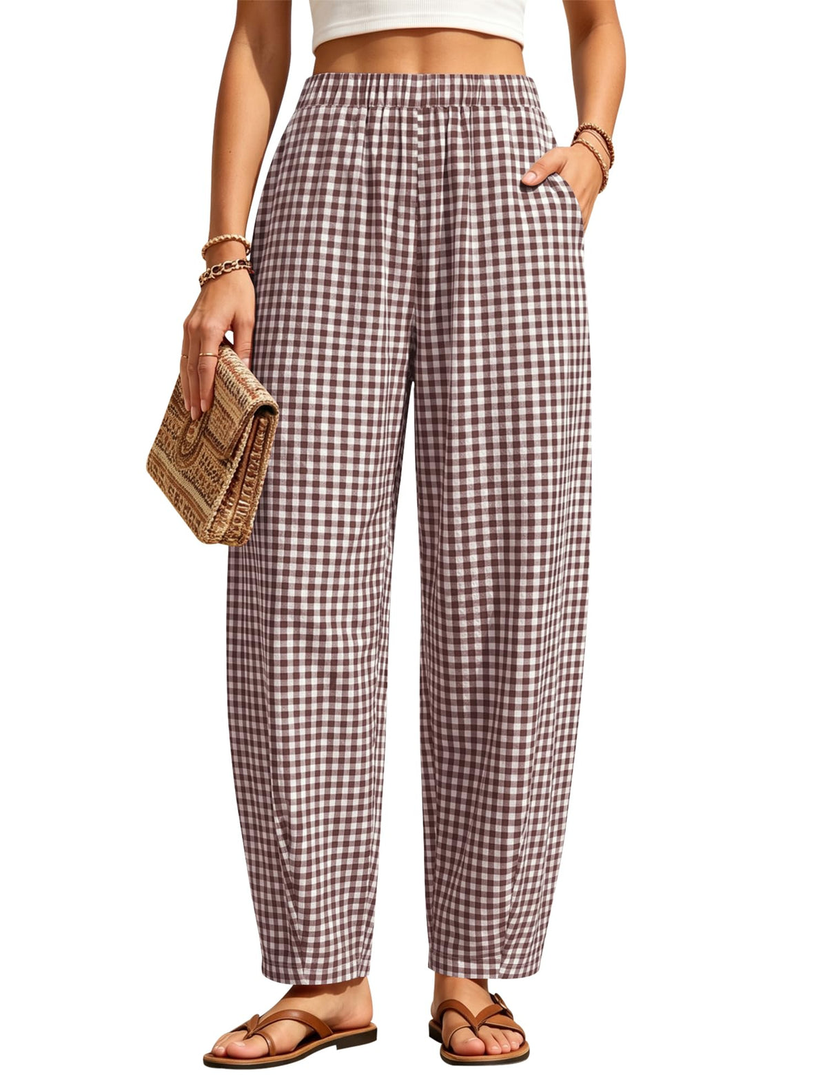 LOMON Womens Barrel Harem Travel Pants Baggy Casual Gingham Striped Bottoms