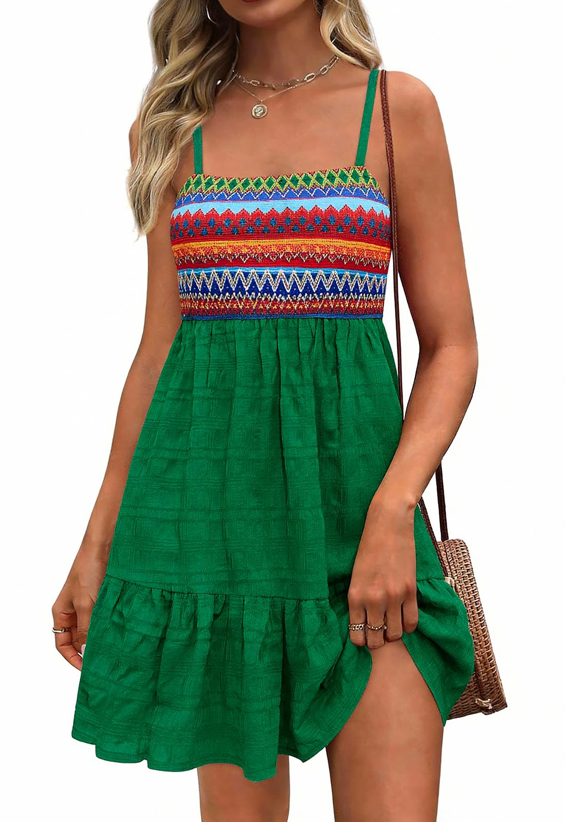 PRETTYGARDEN Womens Summer Dresses 2026 Paisley Spaghetti Strap Sleeveless Smocked A Line Boho Mini Dress with Pockets