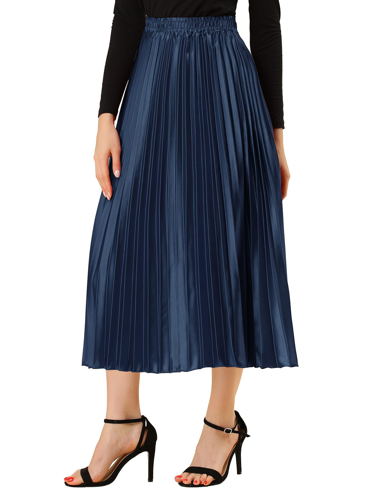 Allegra K Women Pleated Midi Skirt High Waisted Metallic Party Skirts