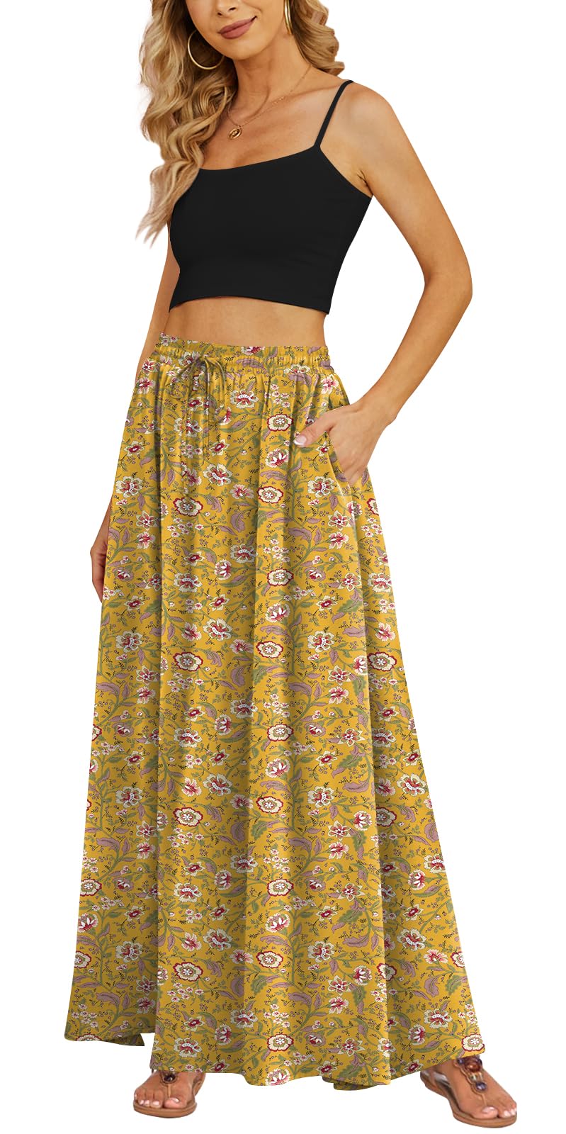 Yincro Women's Maxi Skirt Flowy High Waist Casual Long Skirts with Pockets