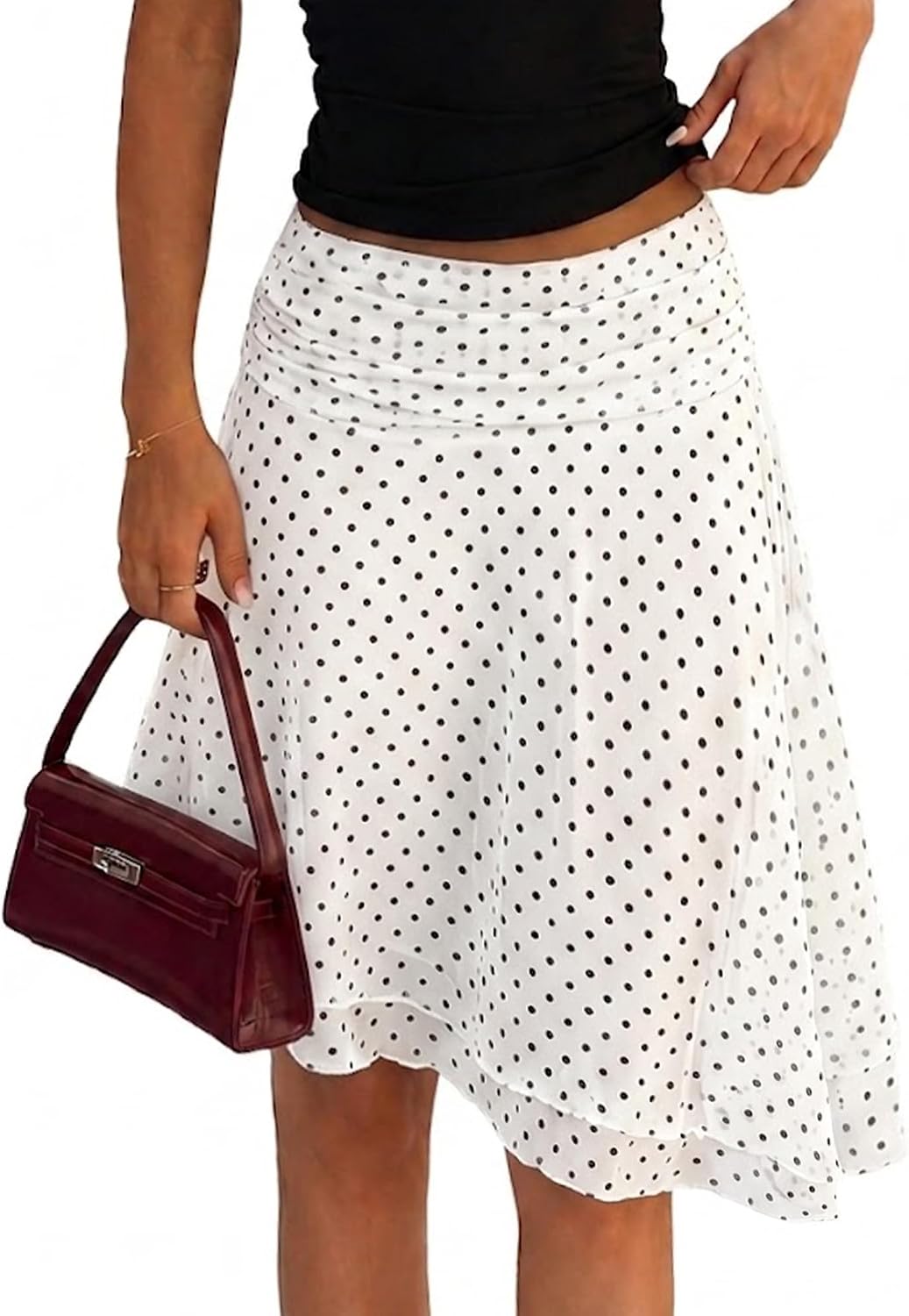 ELLEVEN Asymmetrical Polka Dot Midi Skirt, Flowy Knee Length A Line Skirt