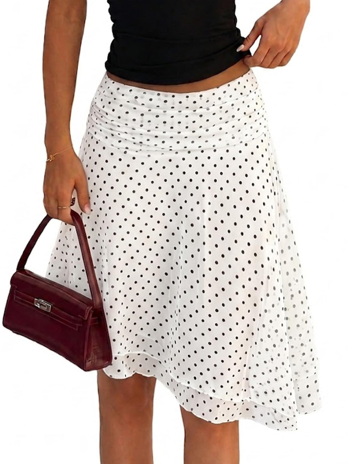 ELLEVEN Asymmetrical Polka Dot Midi Skirt, Flowy Knee Length A Line Skirt