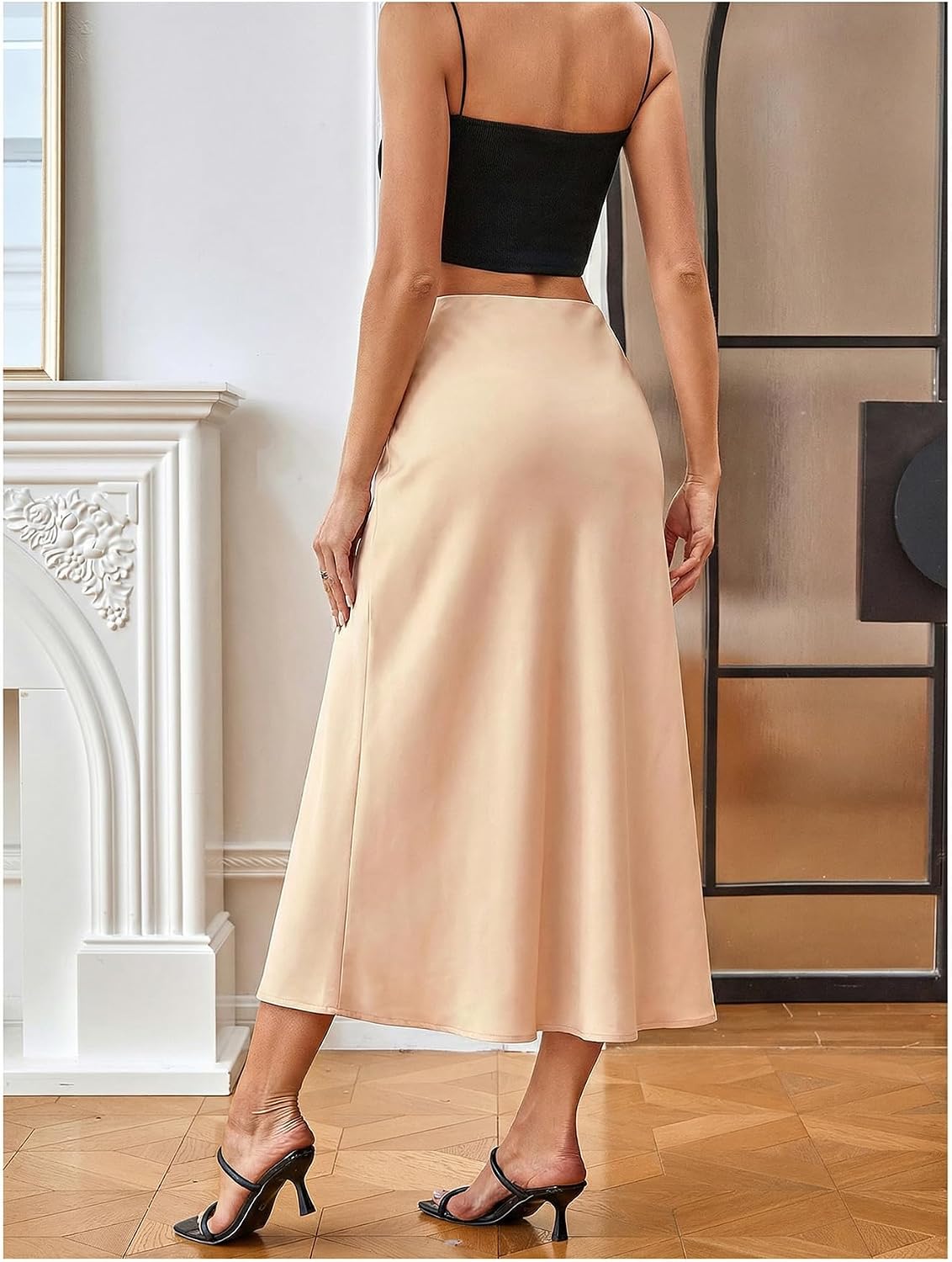 MakeMeChic Women's Satin High Waisted Fishtail Flowy Midi Skirt
