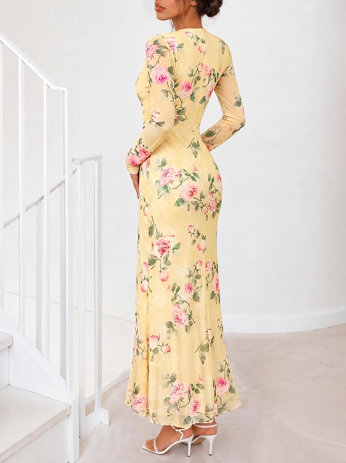 MEROKEETY Womens Fall Wedding Guest Floral Long Sleeve Bodycon Maxi Dress