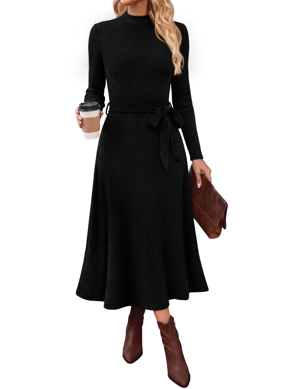 OFEEFAN Long Sleeve Dress Mock Neck Tie Waist Ribbed Knit Midi Dresses Fall Outfits