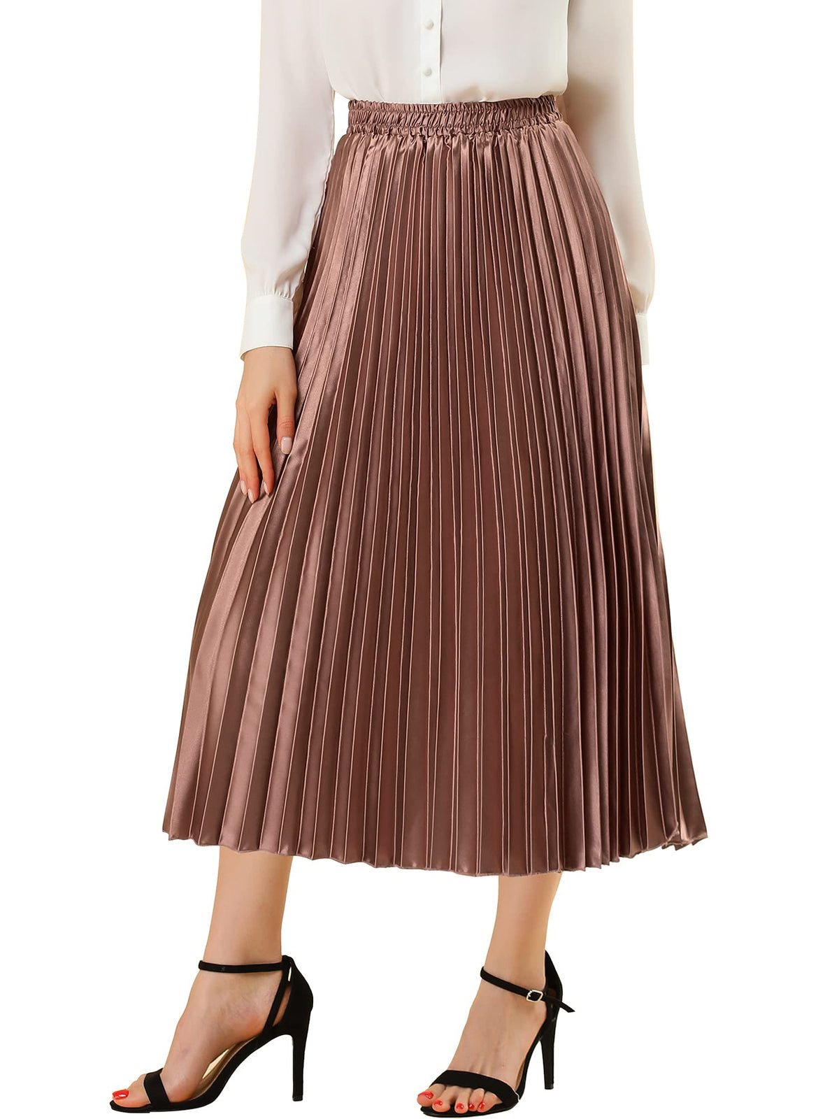 Allegra K Women Pleated Midi Skirt High Waisted Metallic Party Skirts
