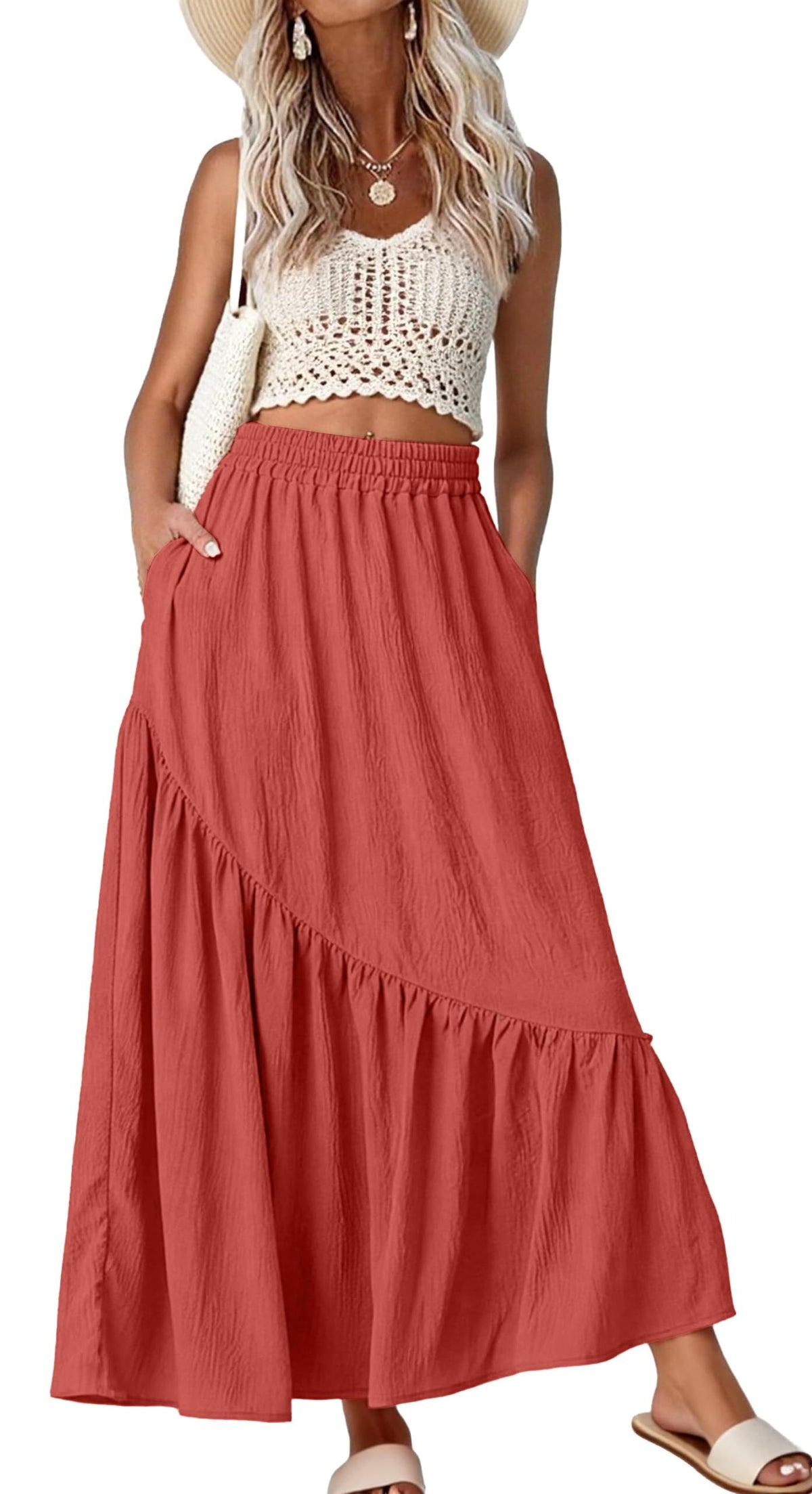 GRECERELLE Women's Maxi Skirt High Waist Tiered A-Line with Pockets