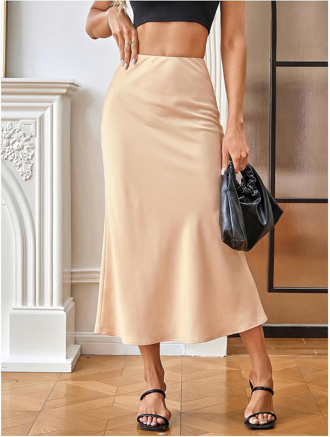 MakeMeChic Women's Satin High Waisted Fishtail Flowy Midi Skirt