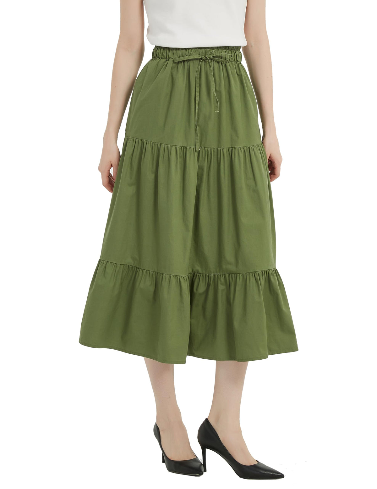 Tronjori Womens A Line Long Midi Denim Skirt Tired Layers with Drawstring