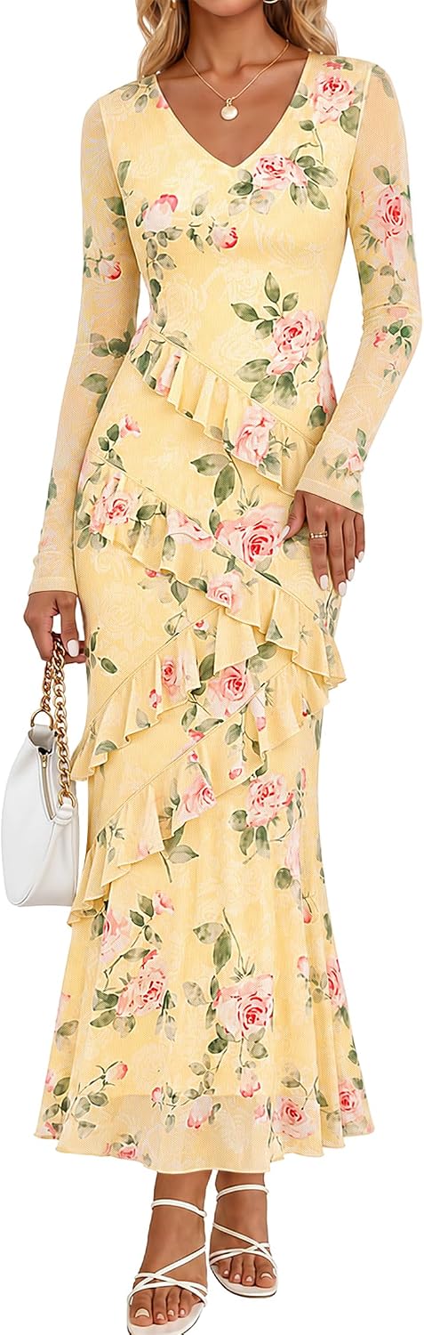 MEROKEETY Womens Fall Wedding Guest Floral Long Sleeve Bodycon Maxi Dress