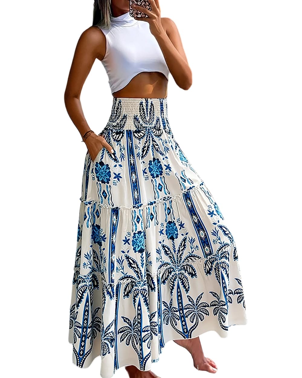 CHICME Women's Boho Floral Summer Maxi Skirt with Pockets Vacation Outfit