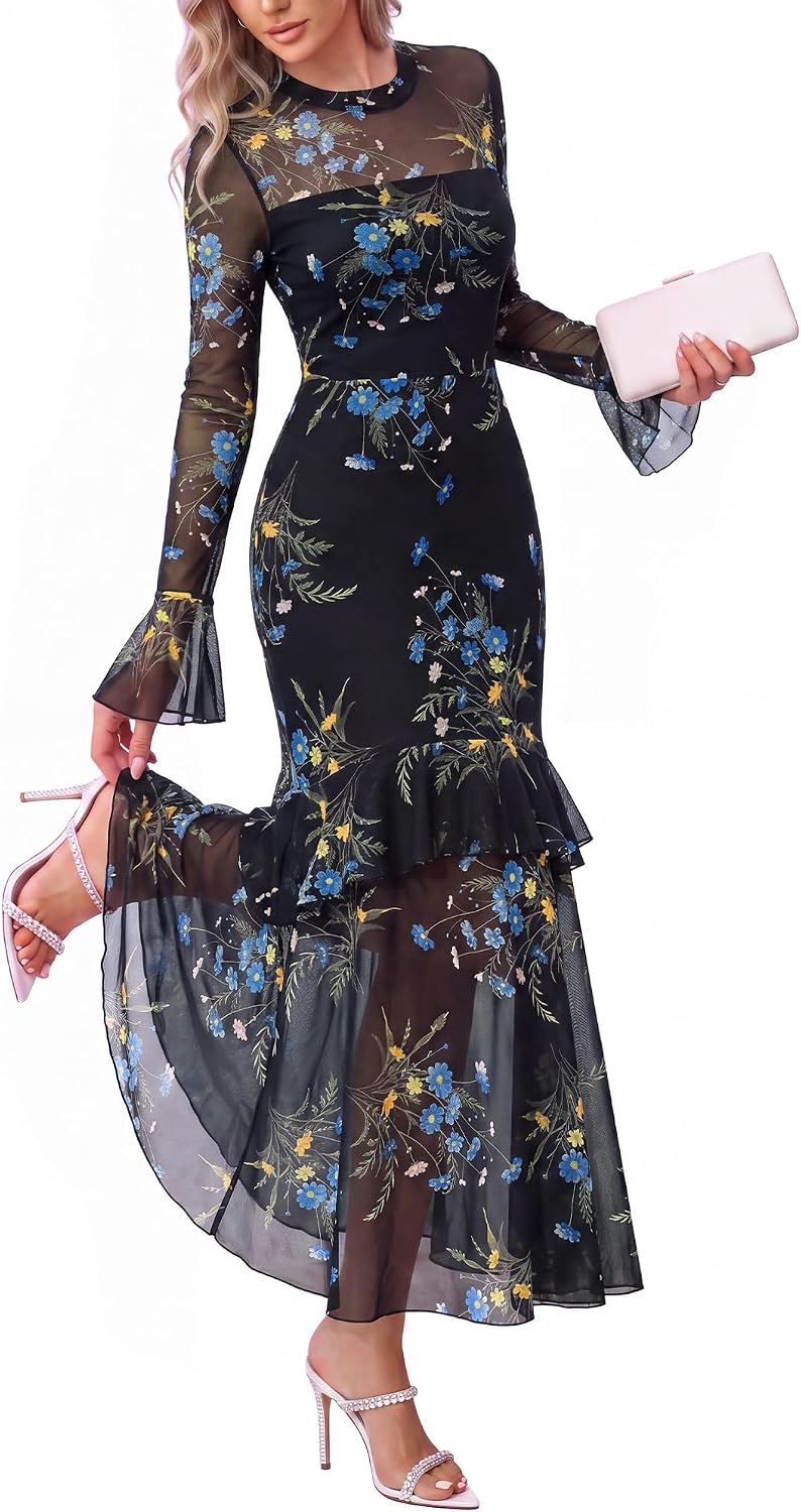 BTFBM Elegant Wedding Guest Dress Long Sleeve Maxi Dresses for Women