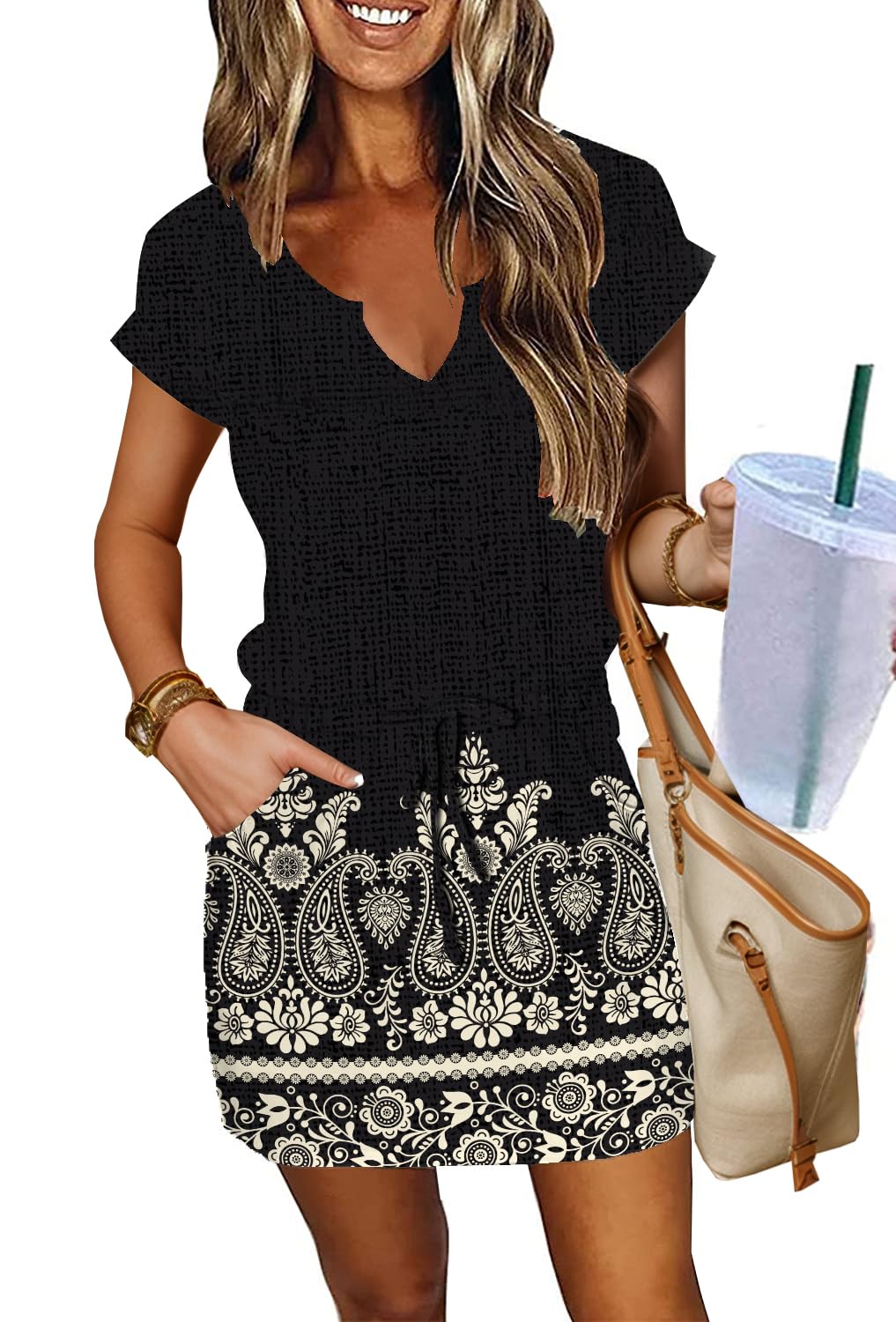 SAUKOLE Women Summer T Shirt Dress Casual Short Sleeve V Neck Dress with Pockets Drawstring Waist Short Dresses