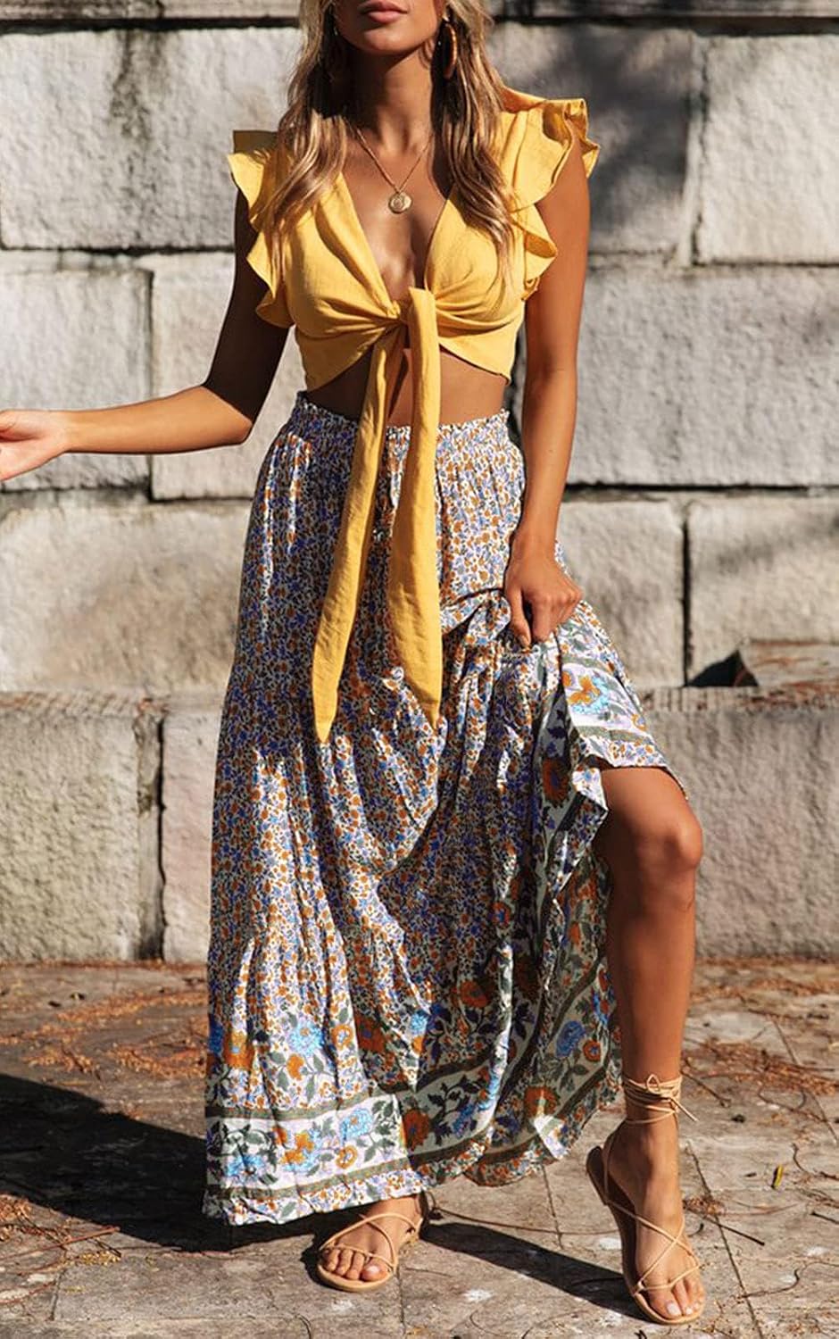 ZESICA Women's Bohemian Floral Printed Elastic Waist A Line Maxi Skirt