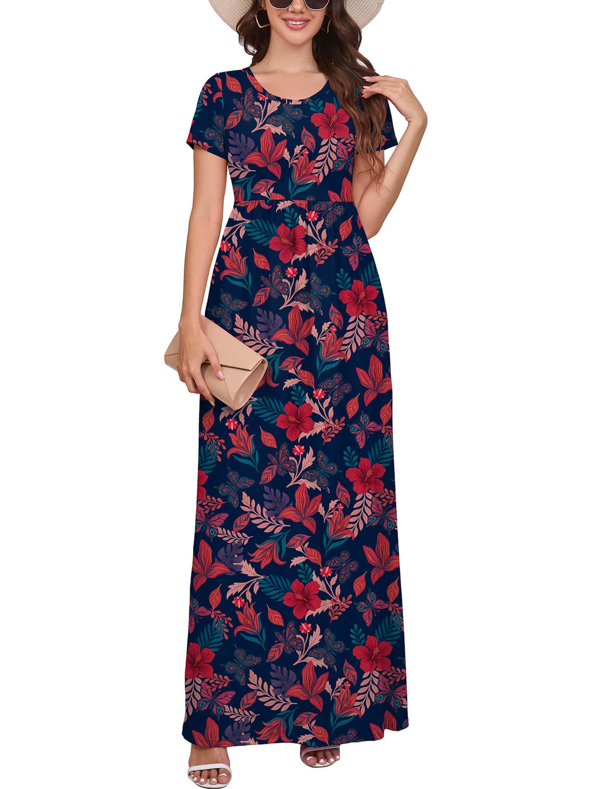 DEARCASE Maxi Dress for Women Short Sleeve Casual Summer Loose Plain Comfy Long Dresses with Pockets