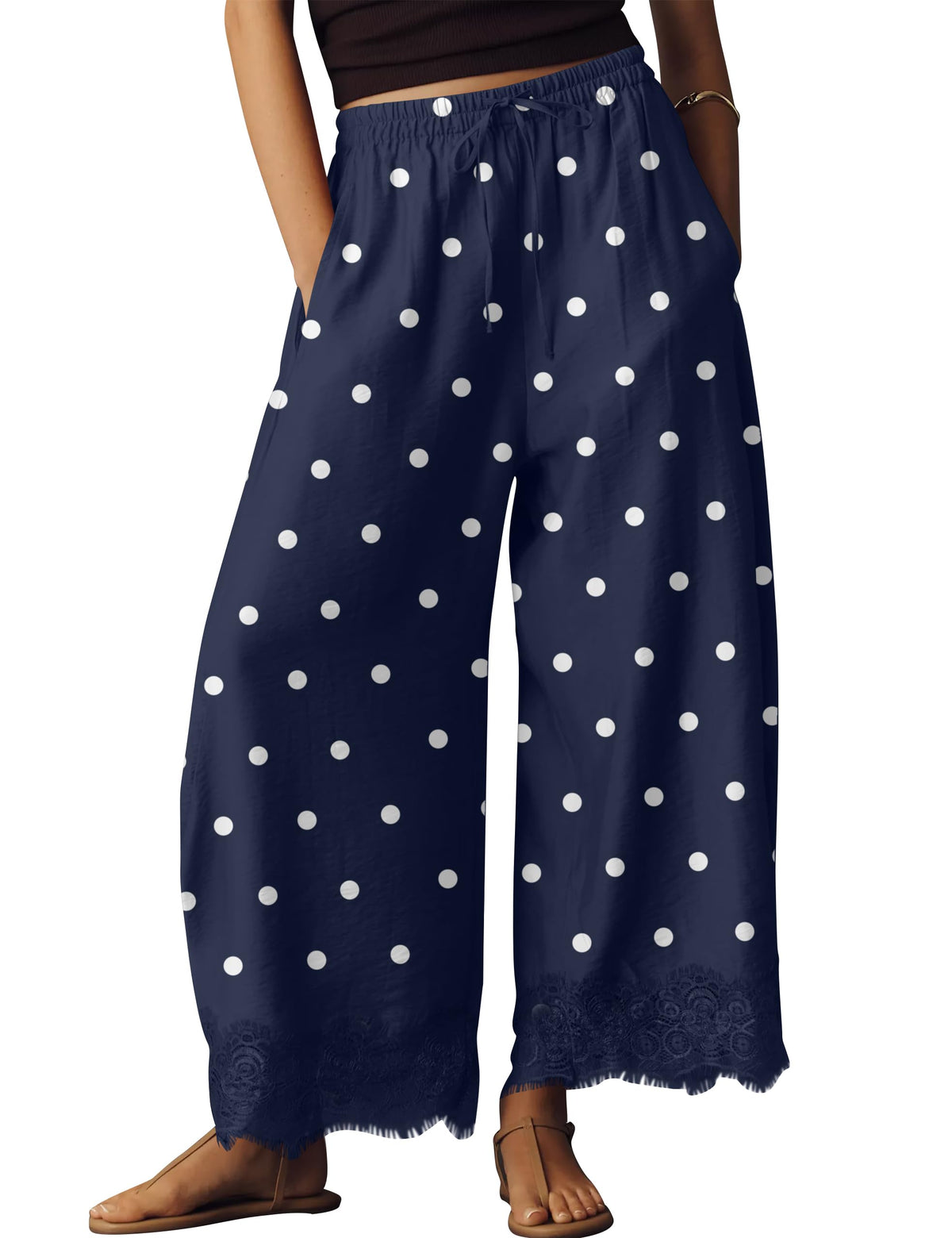 Anoumcy Lace Trim Wide Leg Pants for Women 2026 Spring Summer Cropped Lightweight Casual Pants