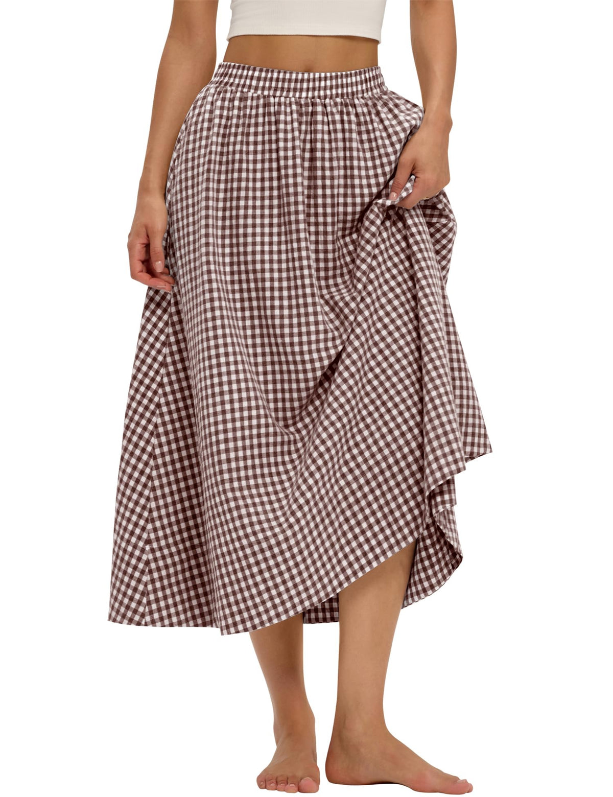 LOMON Midi Skirts for Women with Pockets A-Line Cotton Flowy Elastic Waist