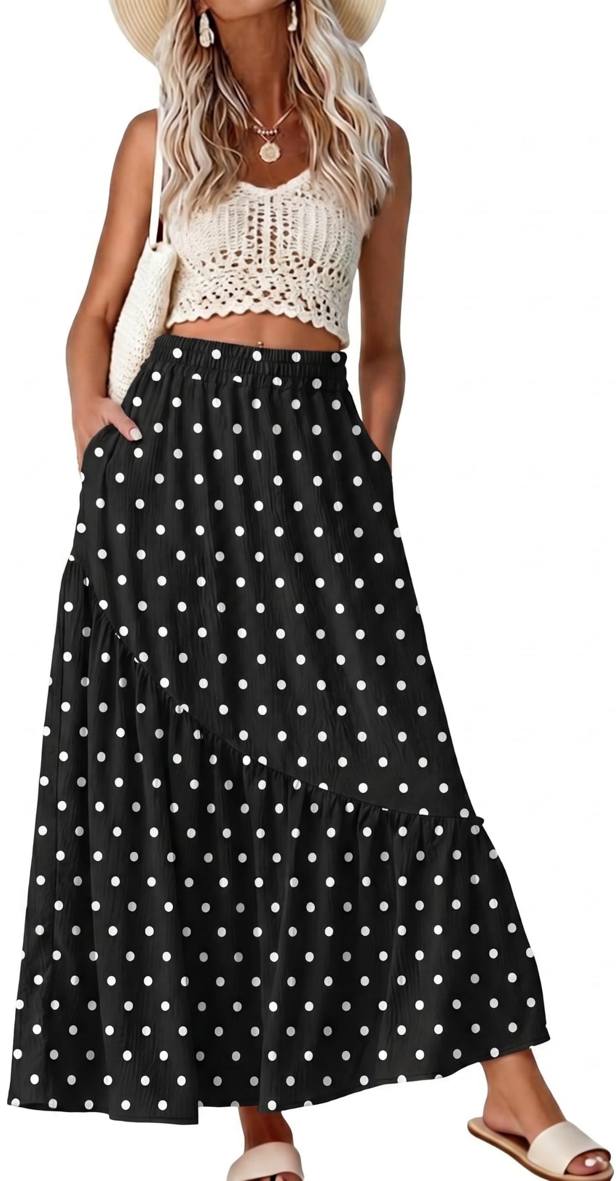 GRECERELLE Women's Maxi Skirt High Waist Tiered A-Line with Pockets