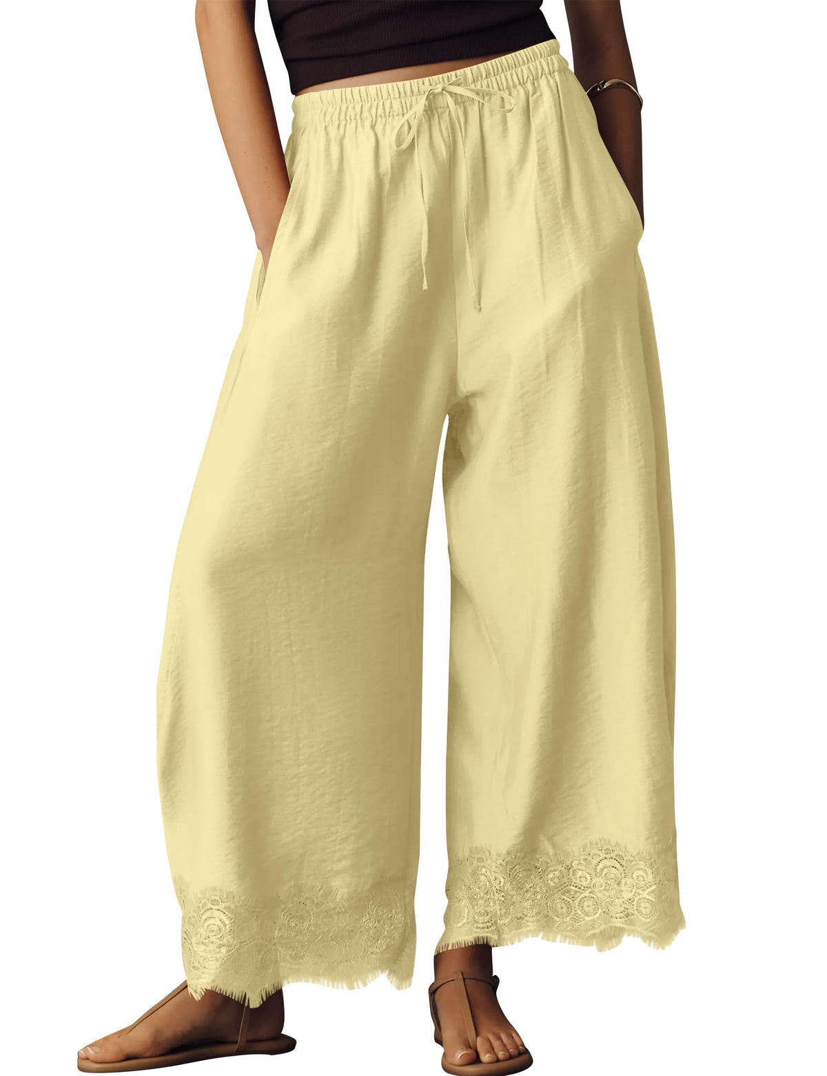 Anoumcy Lace Trim Wide Leg Pants for Women 2026 Spring Summer Cropped Lightweight Casual Pants