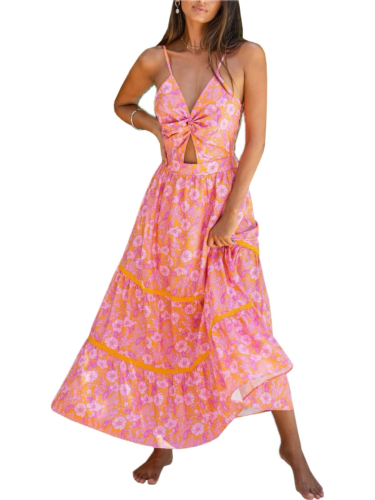 CUPSHE Women's Maxi Dress Floral Print Twisted V Neck Sleeveless Long Dress Summer Casual Dress