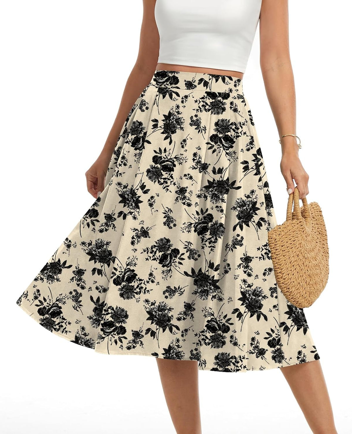 Womens Midi Flowy Skirts A-Line Casual Skirt with Pockets S-2XL