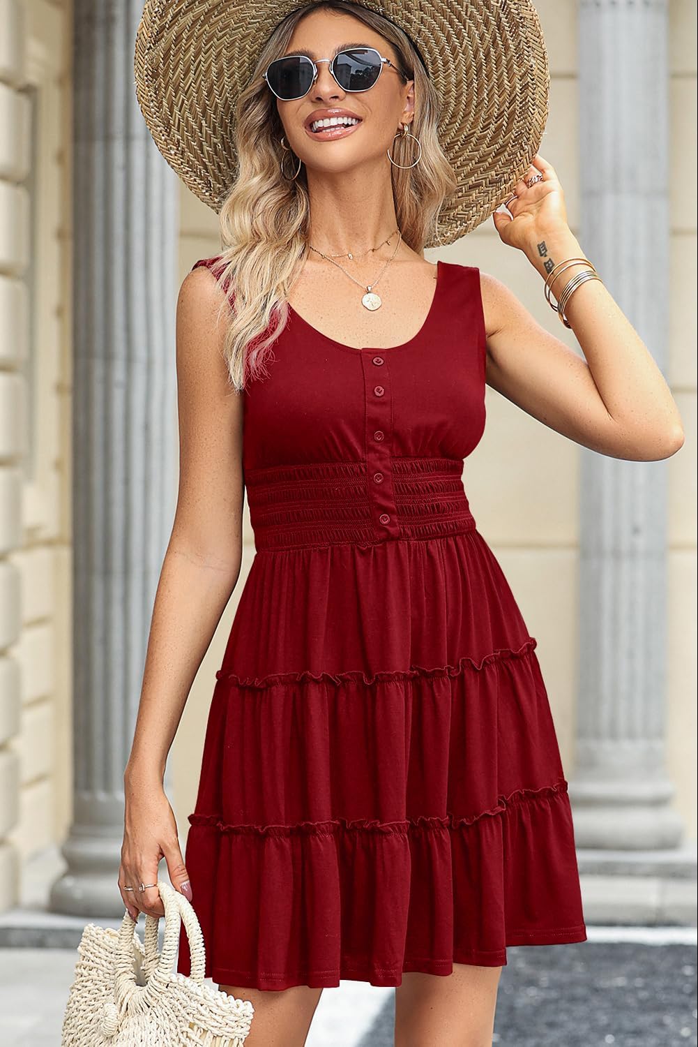 Dokotoo Womens Summer Dresses 2026 Sleeveless Button Down Smocked Empire Waist Ruffle Tiered Casual Swing Mini Dress