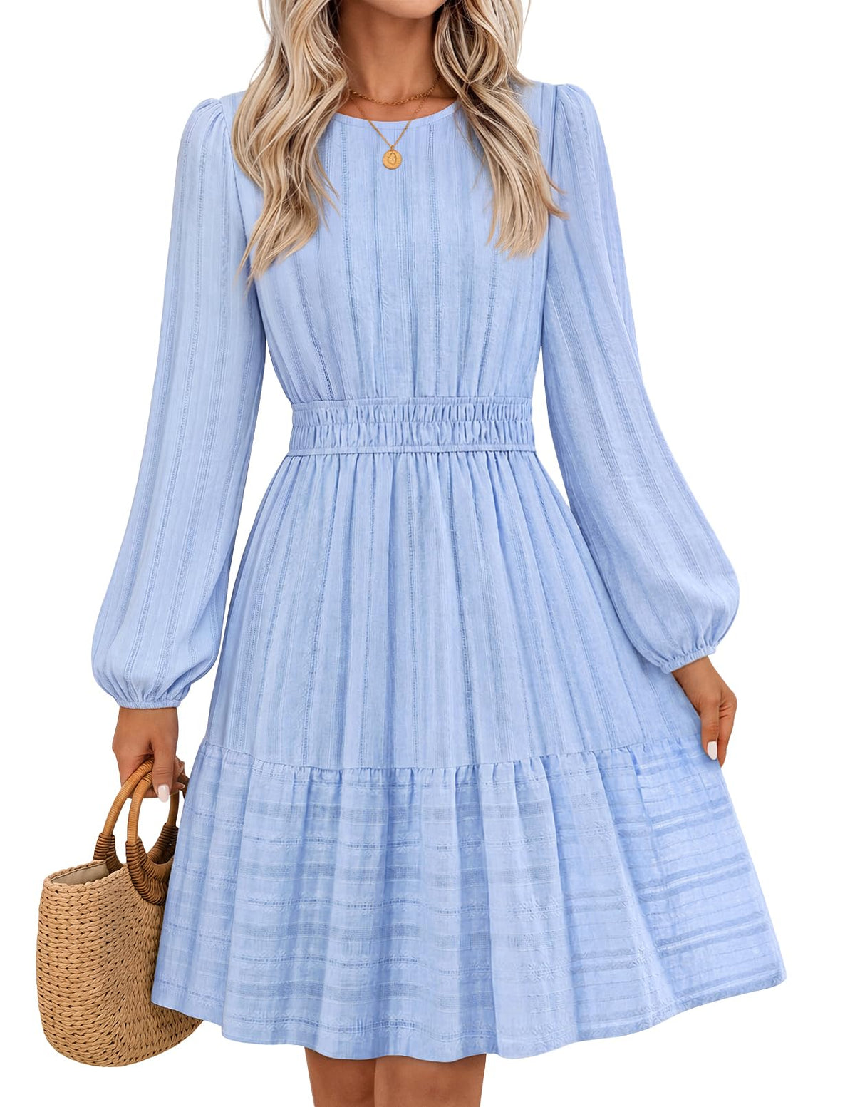 MEROKEETY Women's Fall Long Puff Sleeve Casual Boho Flowy Dress