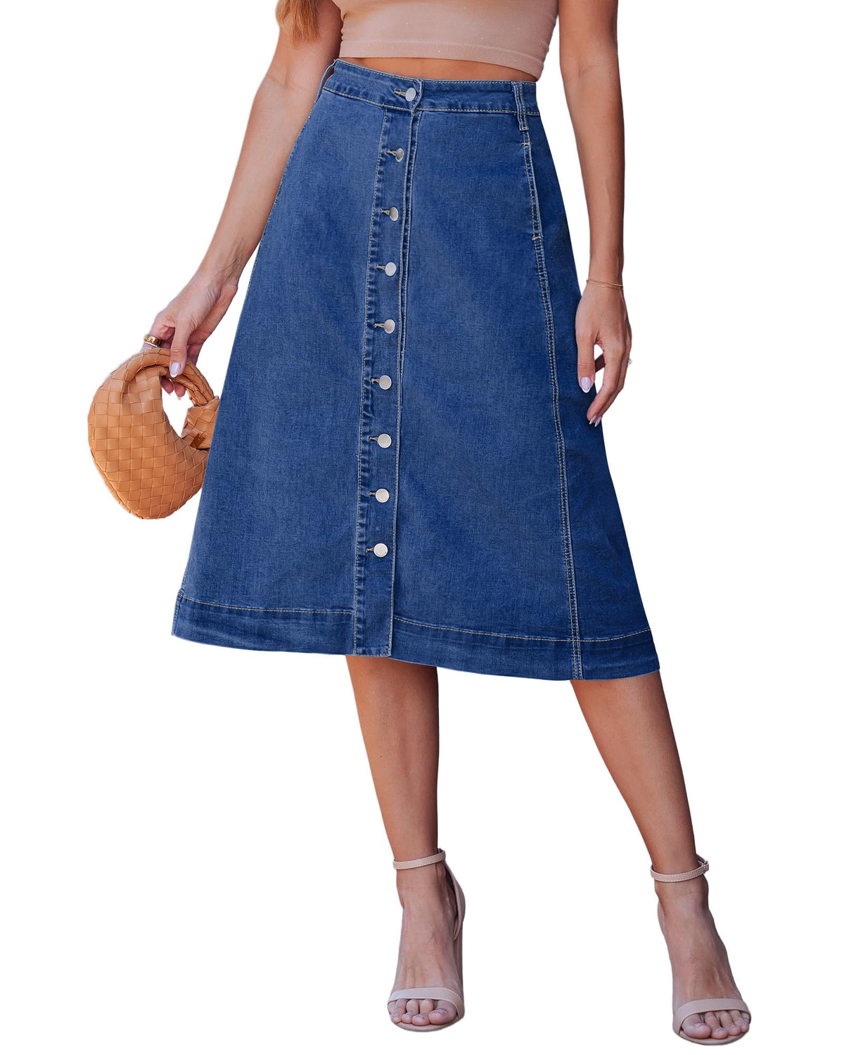 luvamia Jean Skirts for Women Trendy Midi Length A Line Western Casual Button Down Stretchy Denim Skirt with Pockets