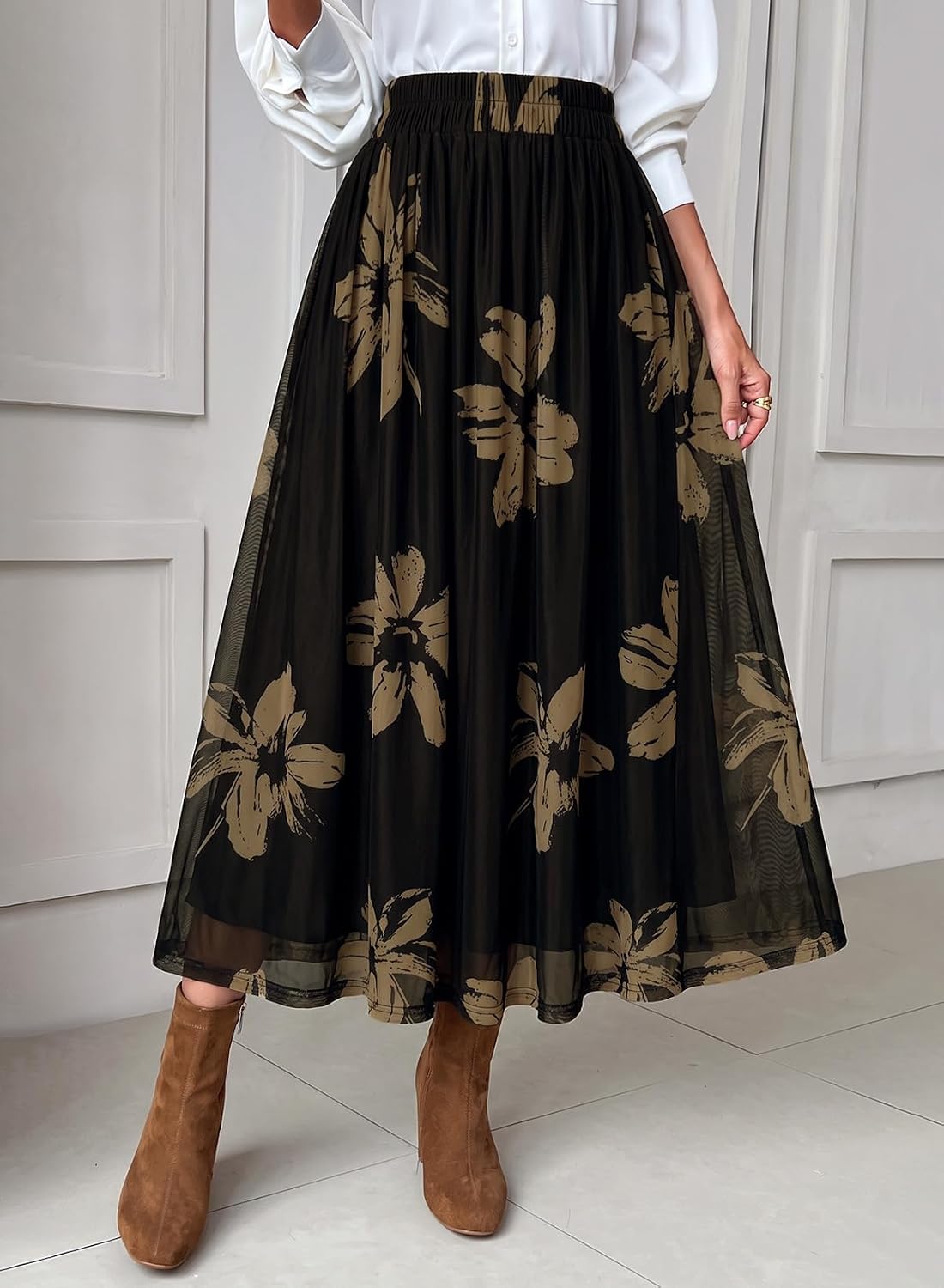 Dokotoo Fall Skirts for Women Elastic High Waist A-line Flowy Long Skirt