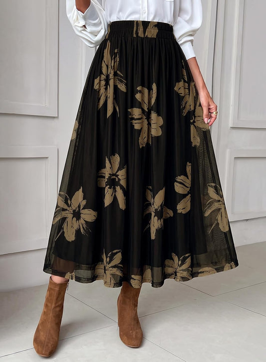 Dokotoo Fall Skirts for Women Elastic High Waist A-line Flowy Long Skirt