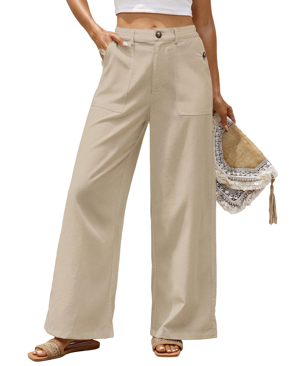 Bsubseach Womens Cotton Linen Pants Wide Leg Work Casual Pants
