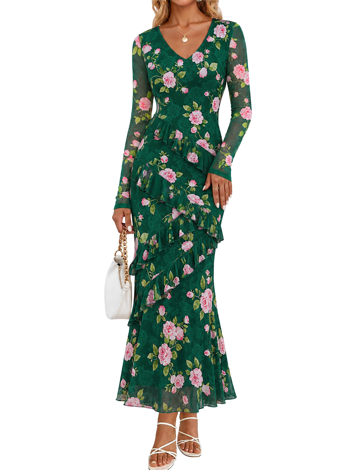 MEROKEETY Womens Fall Wedding Guest Floral Long Sleeve Bodycon Maxi Dress