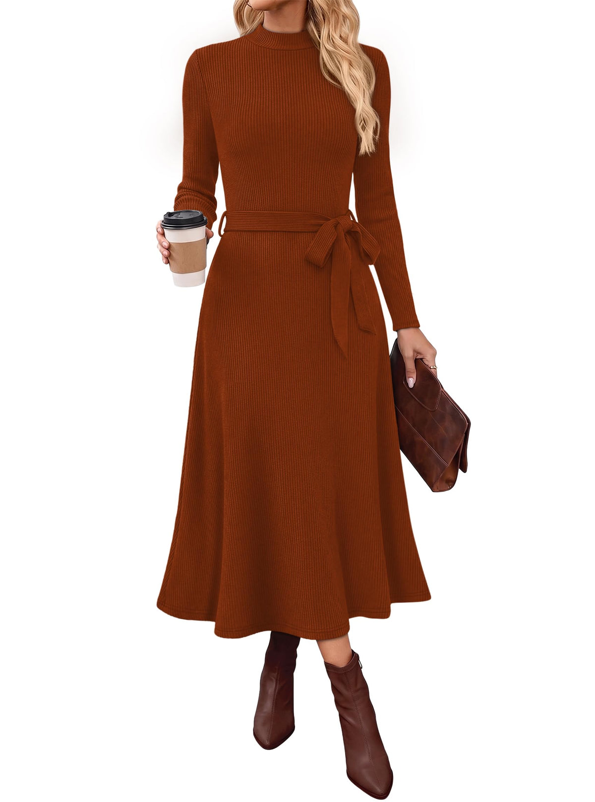 OFEEFAN Long Sleeve Dress Mock Neck Tie Waist Ribbed Knit Midi Dresses Fall Outfits