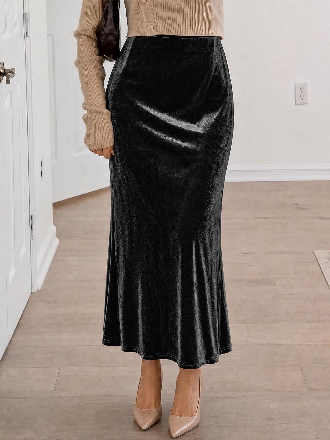 Cicy Bell Womens Velvet Maxi Skirt Fall High Waisted A-Line Long Skirts
