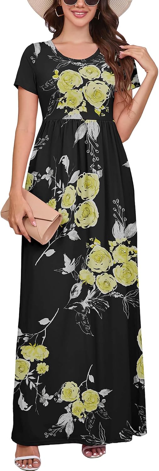 DEARCASE Maxi Dress for Women Short Sleeve Casual Summer Loose Plain Comfy Long Dresses with Pockets