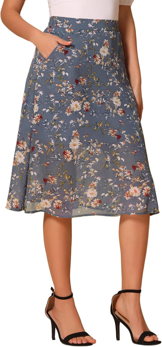Allegra K Women's Floral Skirt A-Line Midi Skirt Chiffon High Waist Skirts