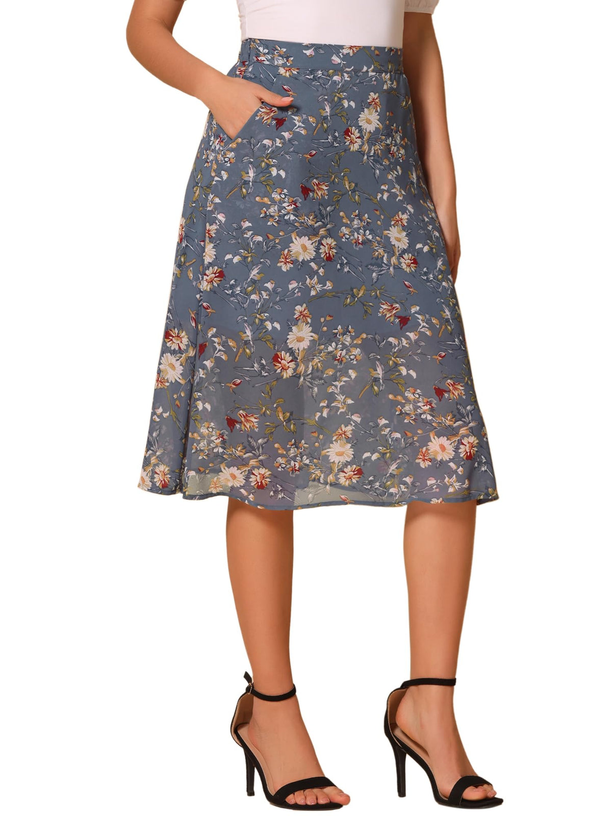 Allegra K Women's Floral Skirt A-Line Midi Skirt Chiffon High Waist Skirts