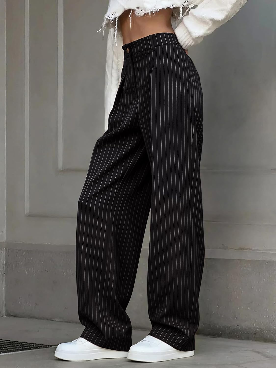 NIMIN Women High Waisted Dress Pants Striped Work Trousers with Pockets