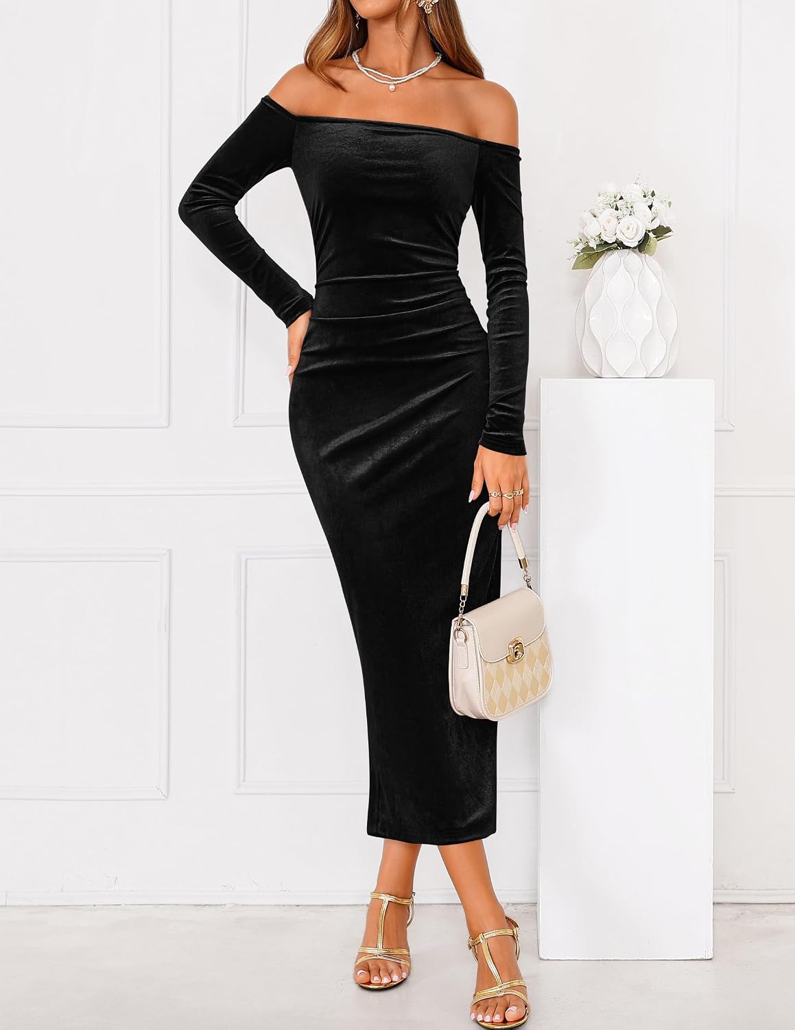 ZESICA Womens Velvet Long Sleeve Off Shoulder Formal Bodycon Maxi Dress