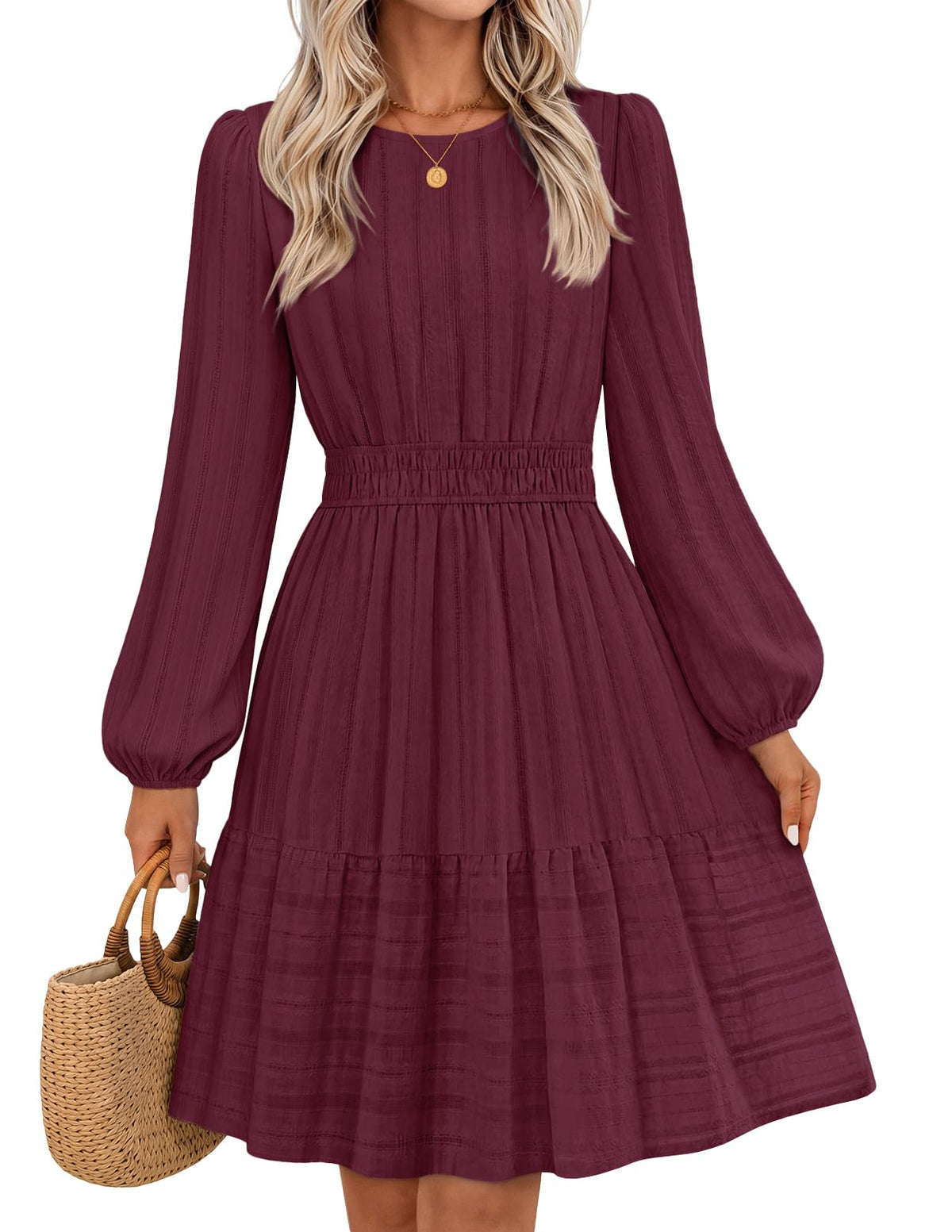 MEROKEETY Women's Fall Long Puff Sleeve Casual Boho Flowy Dress