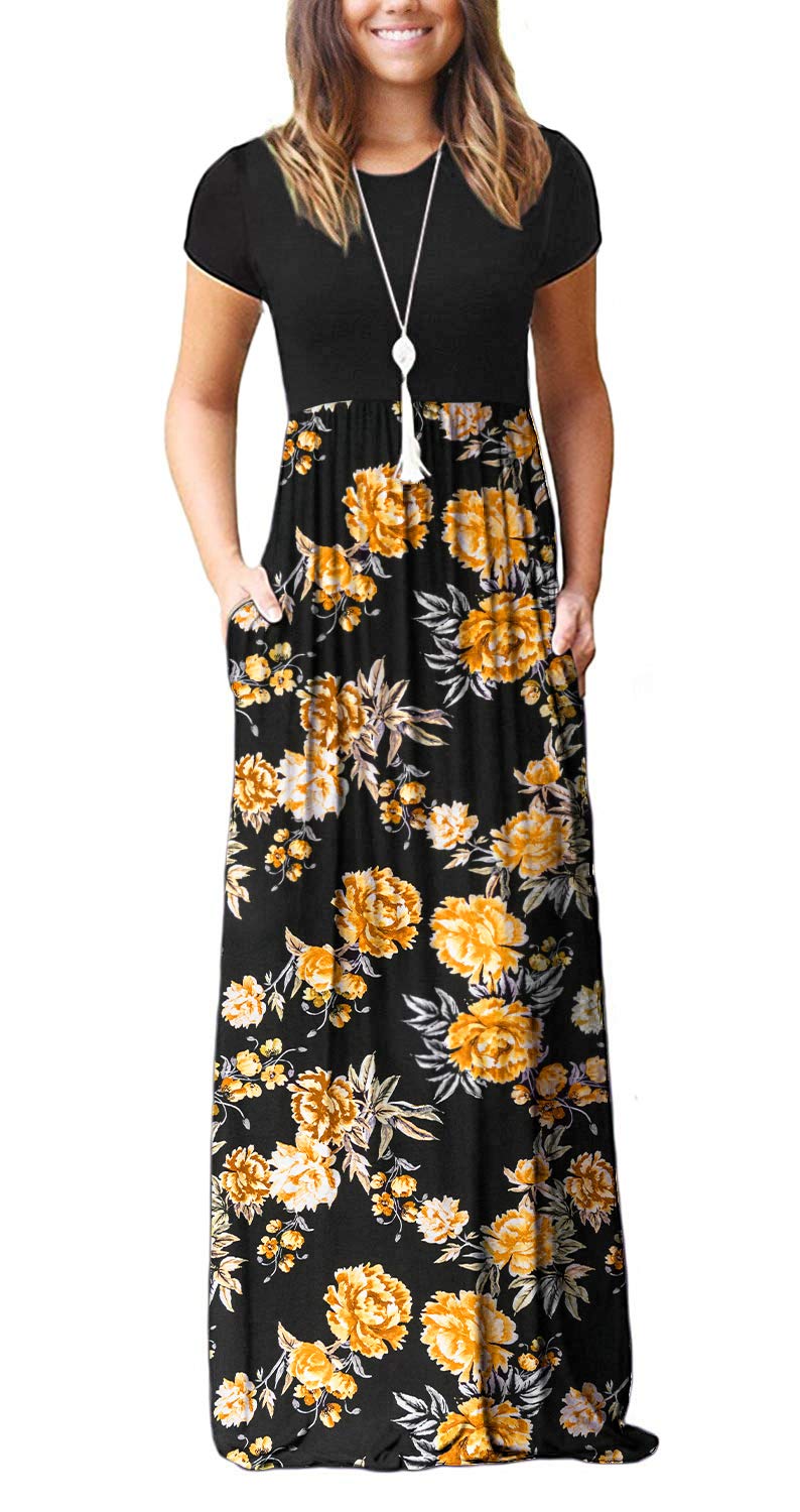 DEARCASE Maxi Dress for Women Short Sleeve Casual Summer Loose Plain Comfy Long Dresses with Pockets