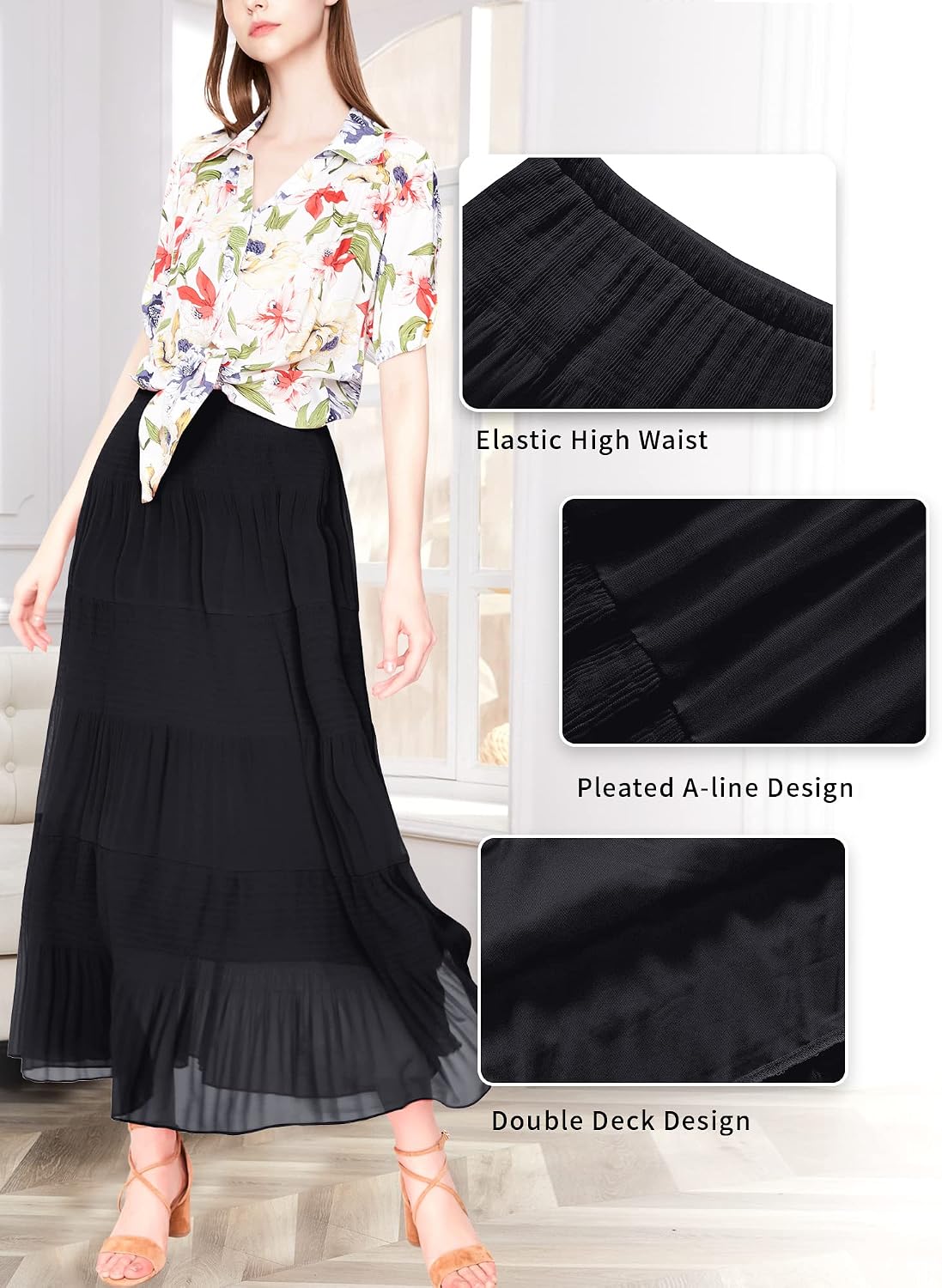 NASHALYLY Women's Chiffon Elastic High Waist Pleated A-Line Maxi Skirts