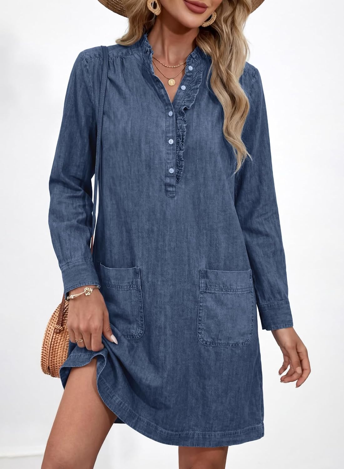 Sidefeel Women's Denim Dresses 2026 Loose Long Sleeve Ruffled Edge Neck Jean Sundresses with Pockets