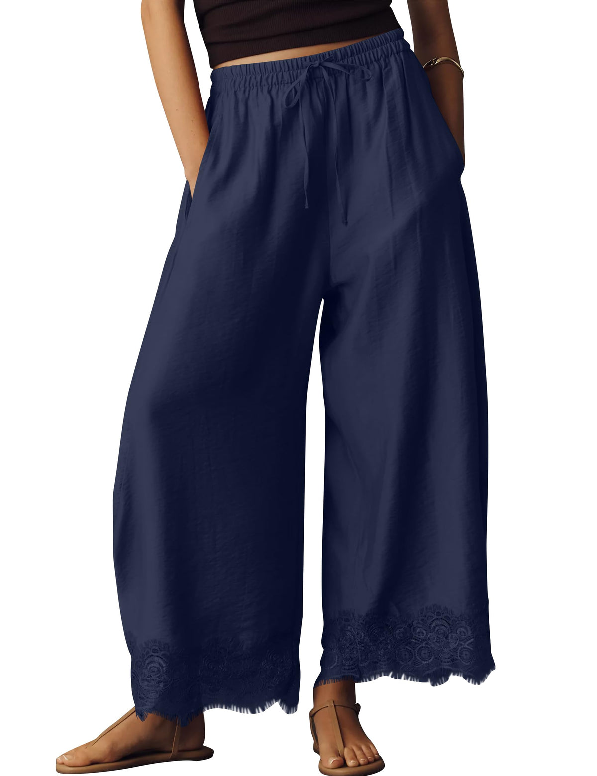 Anoumcy Lace Trim Wide Leg Pants for Women 2026 Spring Summer Cropped Lightweight Casual Pants