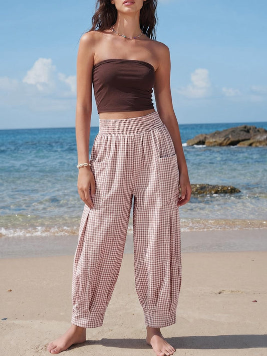 TARSE Women's Linen Gingham Pants Baggy High Waist Palazzo Pants