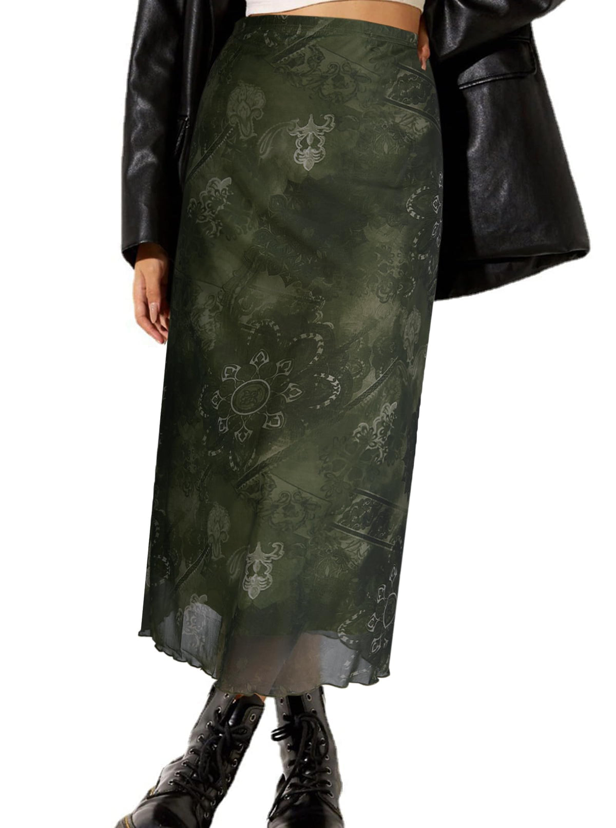 Avanova Women Mesh Floral Boho Midi Skirt High Waist Long Skirt